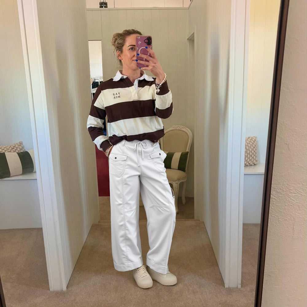 Fisoew Women's Cargo Pants white color detail offers versatile outfits.