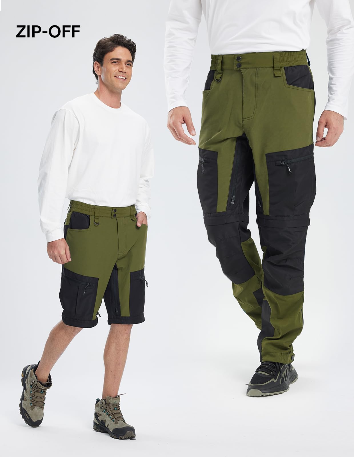 Fit Space hiking pants olive inner-thigh vent supports cooling during exertion.