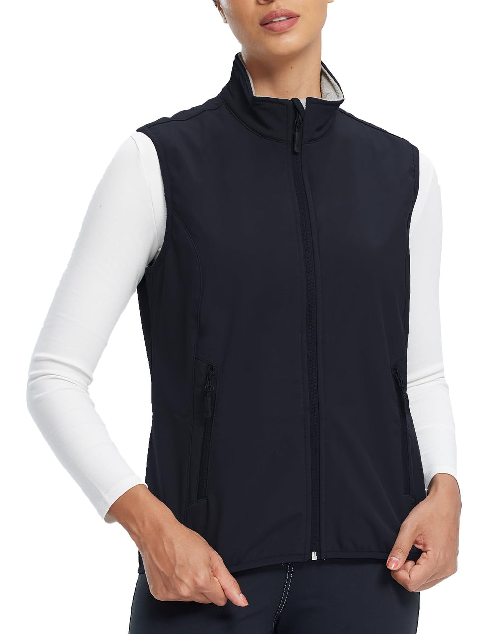 fit space women's softshell vest front view showing sleeveless design for easy layering