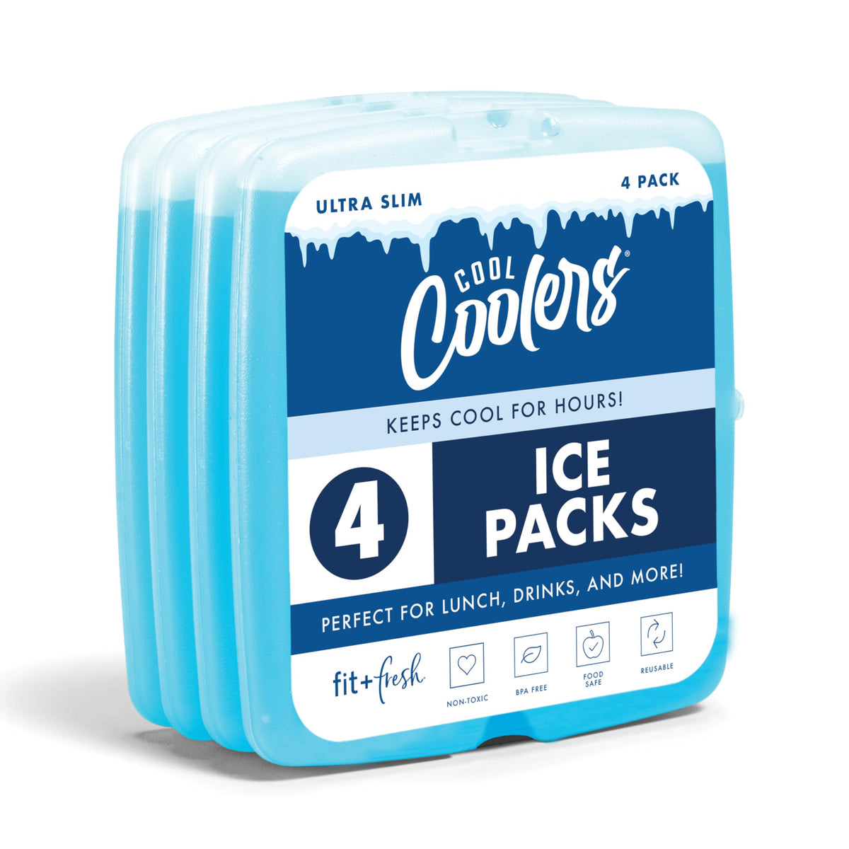 Fit & Fresh Cool Coolers 4-pack blue ice packs ready for lunchbox cooling.