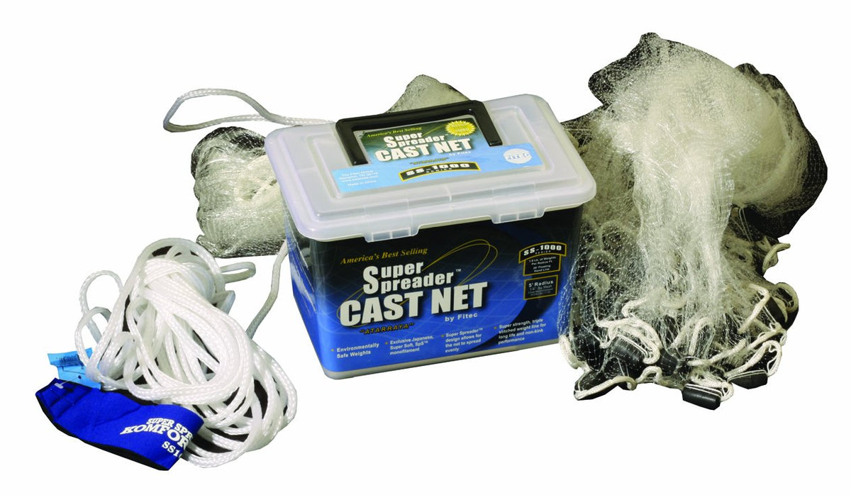 Fitec SS-1000 cast net with 7ft radius sinks quickly and lies flat for easy retrieval.
