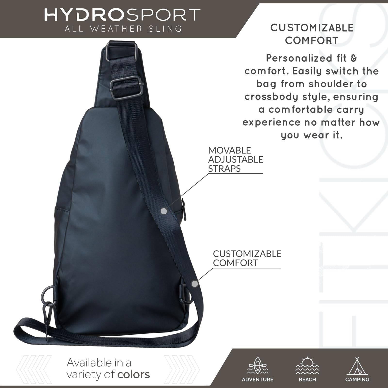 FITKICKS Hydrosport sling bag navy adjustable strap demonstrates customizable comfort