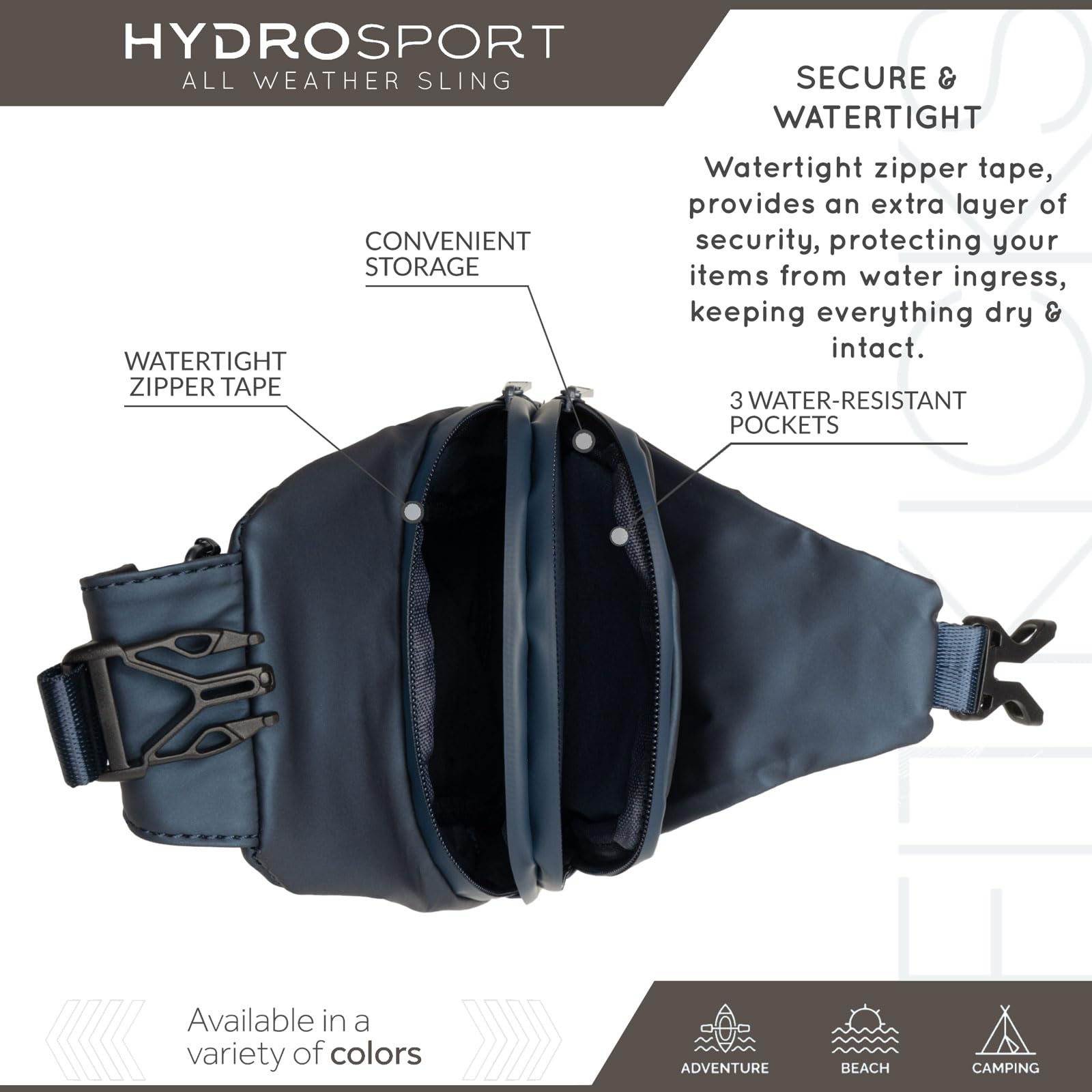 FITKICKS Hydrosport sling bag navy clippable slip pocket for quick-access storage