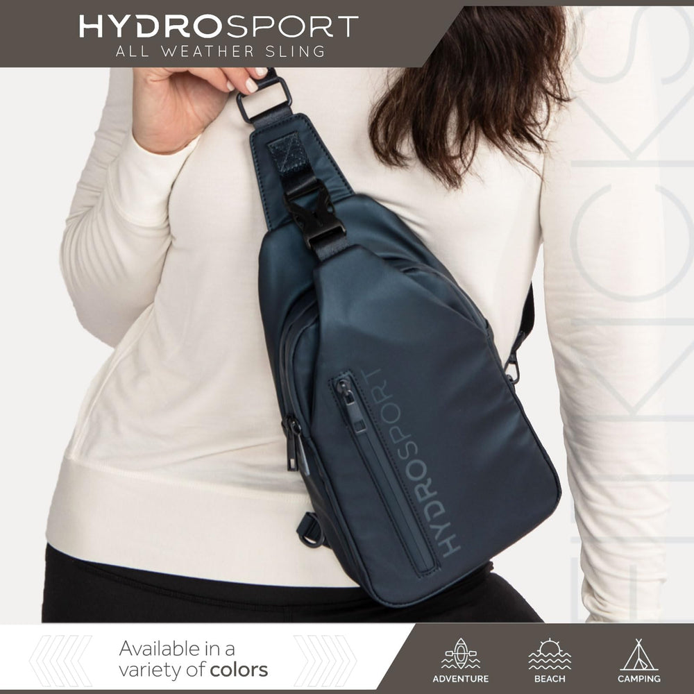 FITKICKS Hydrosport sling bag navy side pocket highlighting secure storage
