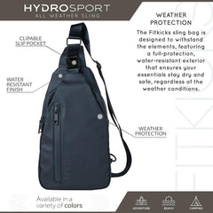FITKICKS Hydrosport sling bag navy close-up of watertight zipper for rain protection