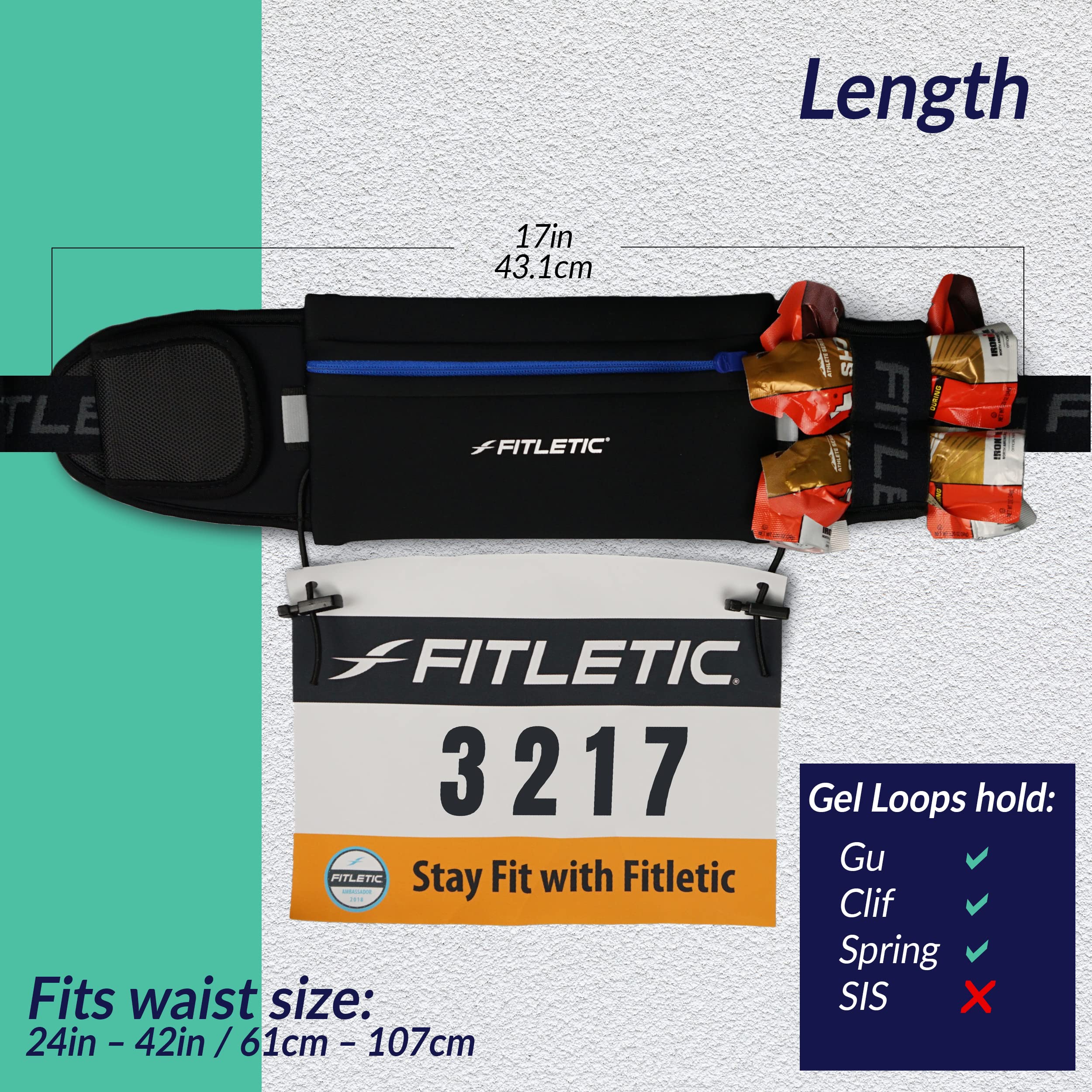Fitletic Ultimate II adjustable waist strap fits 24-42 inch waists for a secure, comfortable fit.