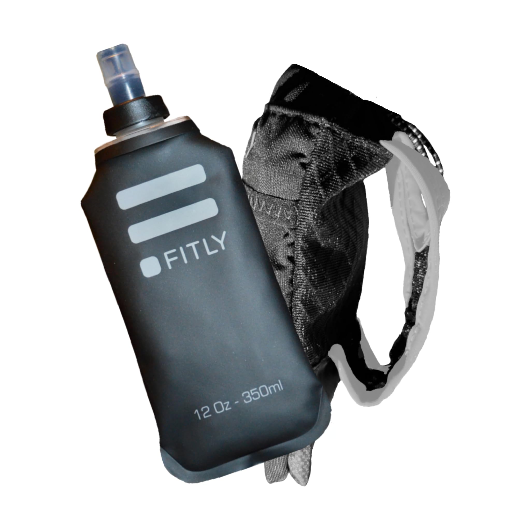 FITLY running handheld water bottle with 12 oz soft flask for on-the-go hydration.