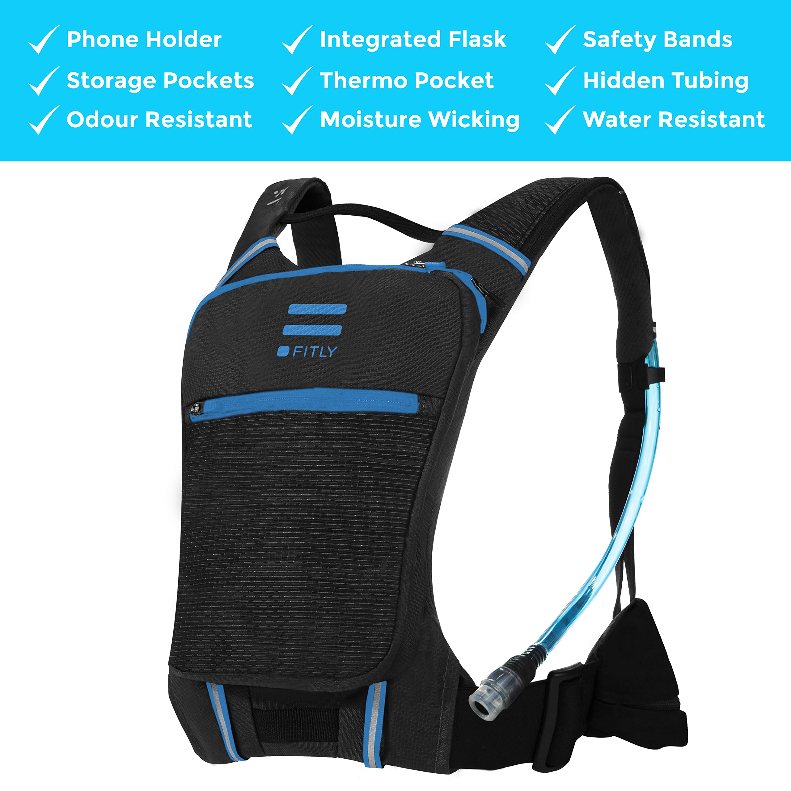 Fitly Sub90 running vest back view with secure thoracic belt.