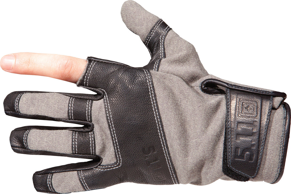 Close-up of 5.11 TAC TF Trigger Finger Gloves in Pine showing seamless goatskin palm for precise grip
