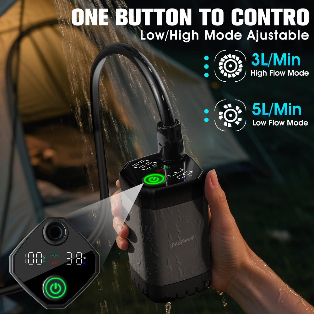 FizZeal portable shower with LED display indicating temperature and flow