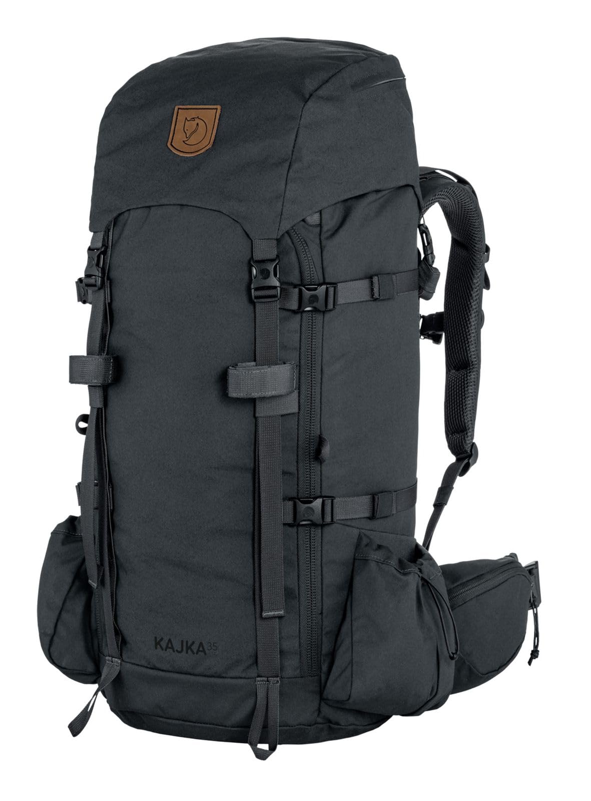 Fjällräven Kajka 35 S/M coal black front view, durable Vinylon fabric and roomy main compartment.