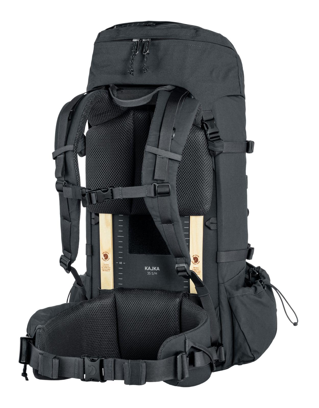 Fjällräven Kajka 35 S/M coal black interior; removable seat pad and inside name label.