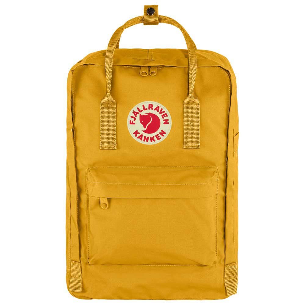 Fjällräven Kanken Laptop 15 back view shows durable ochre backpack for daily commuting
