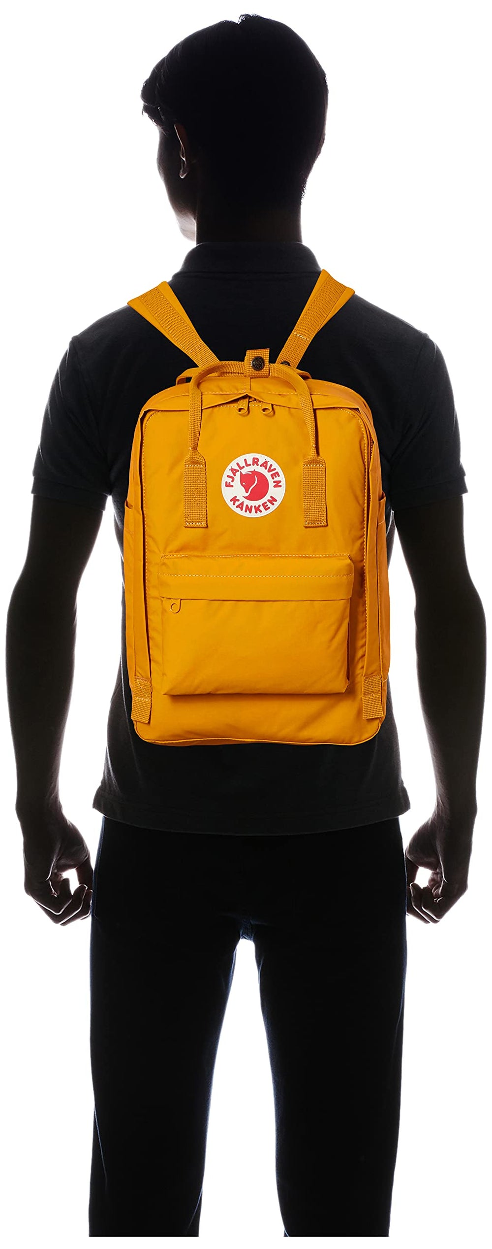 Fjällräven Kanken Laptop 15 front pocket detail highlights organized storage on ochre backpack