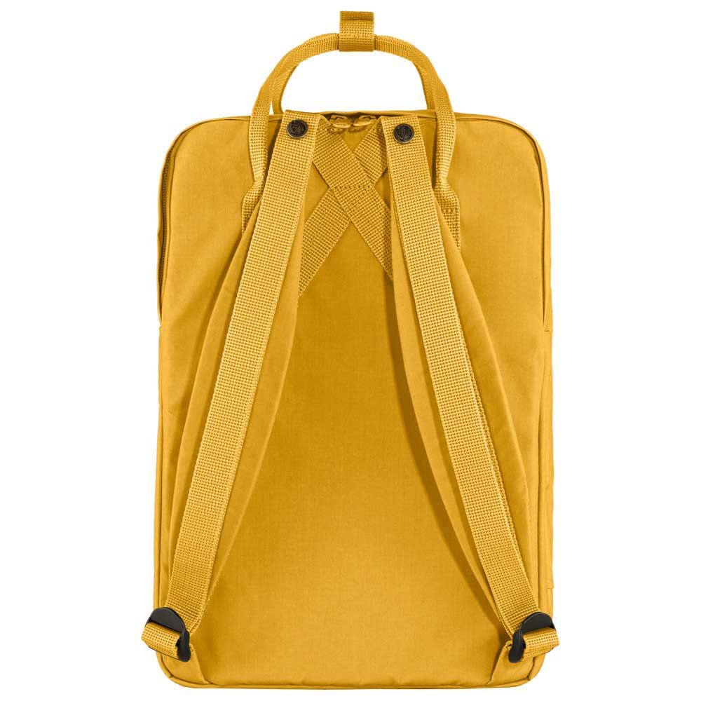 Fjällräven Kanken Laptop 15 top logo view emphasizes reflective branding for night visibility