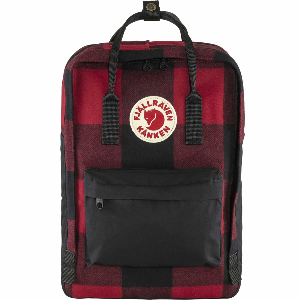 Fjällräven Kånken Re-Wool laptop backpack front view in red/black.