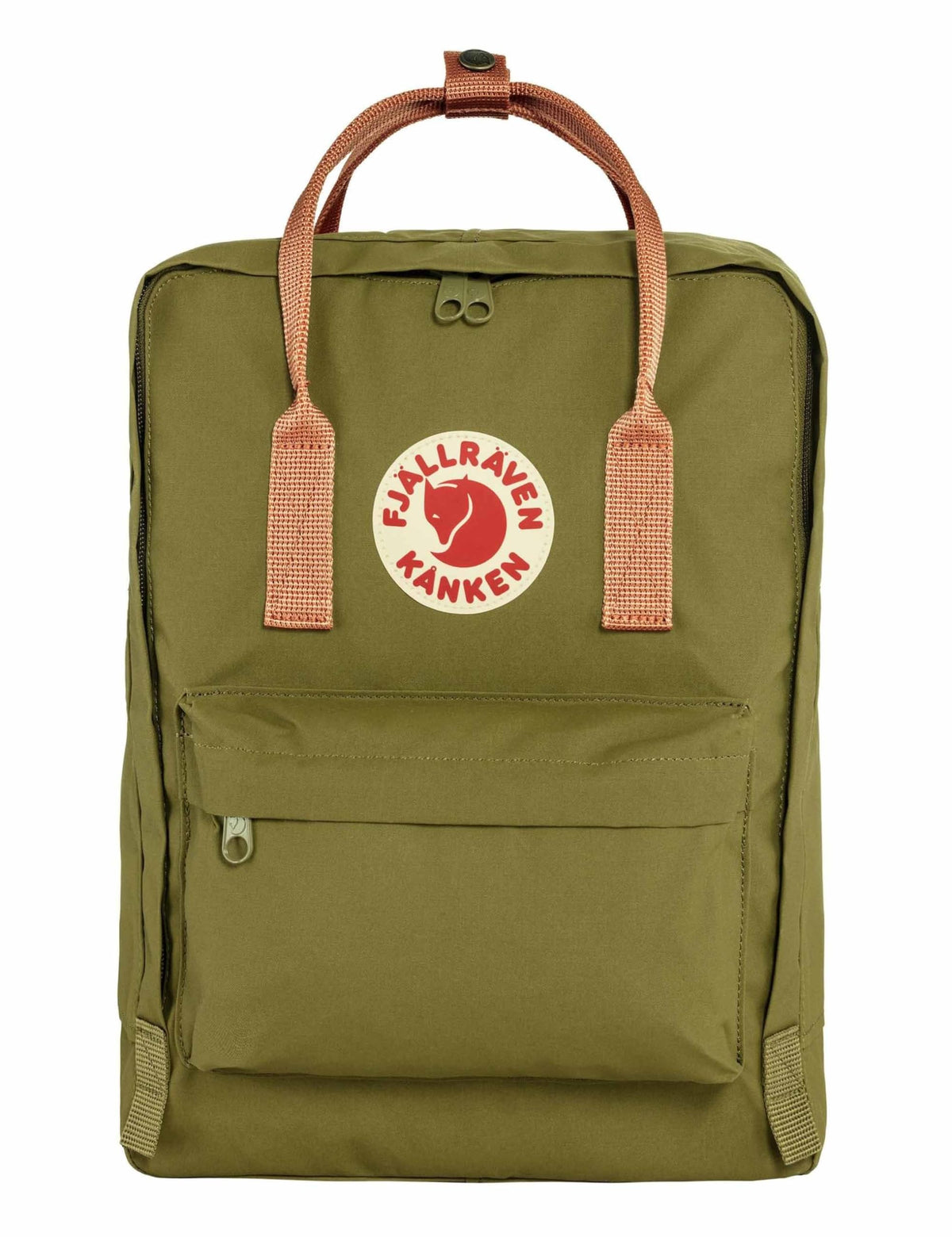 Fjällräven Kånken Sports backpack front view in foliage green-peach sand for everyday carry