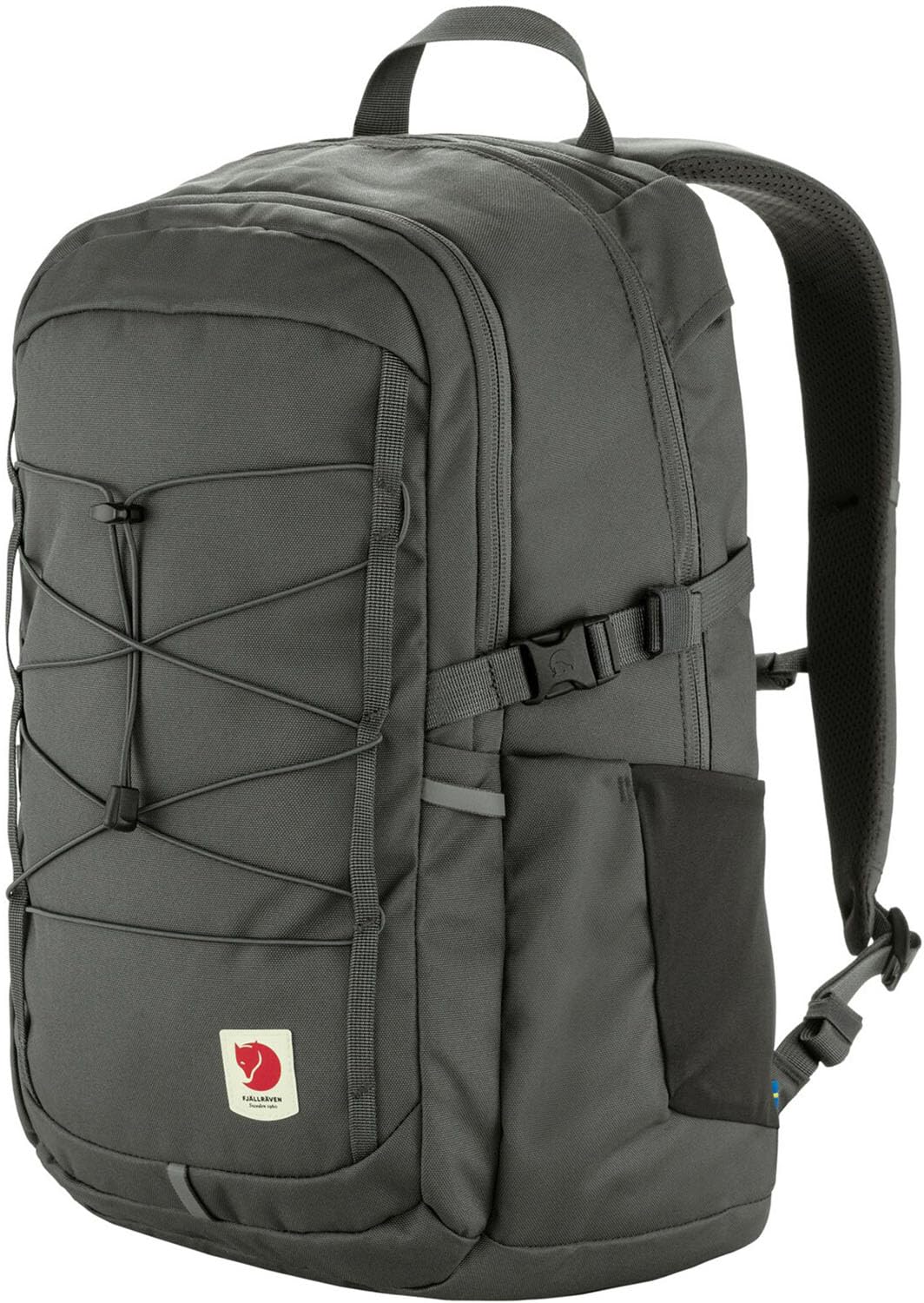 Fjällräven Skule 28 backpack back panel view in basalt emphasizing air mesh comfort and organized pockets.