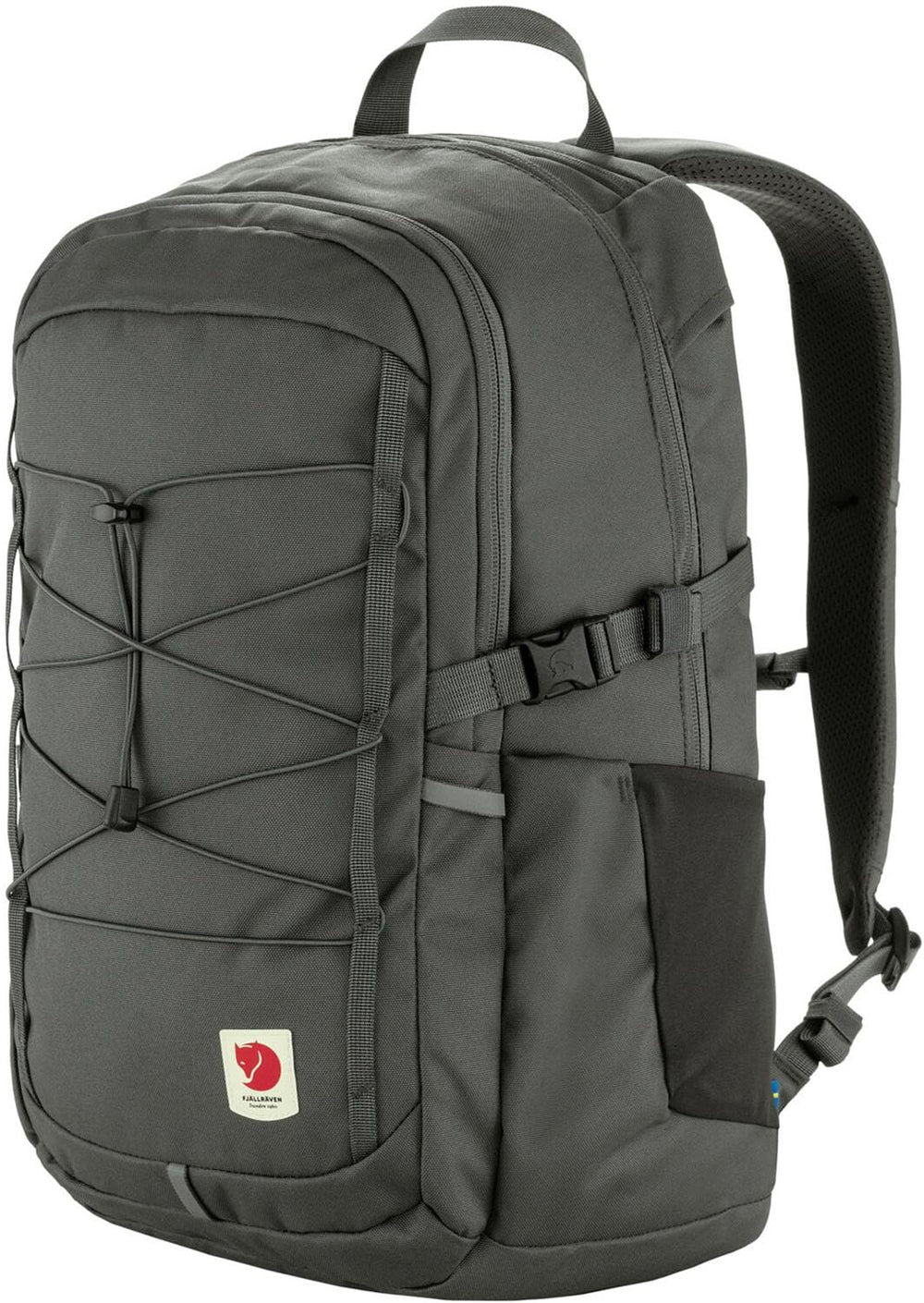 Fjällräven Skule 28 backpack back panel view in basalt emphasizing air mesh comfort and organized pockets.