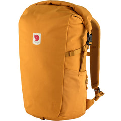 Fjällräven Ulvö Rolltop 30 front view in red gold showing rugged Bergshell fabric for daily protection.