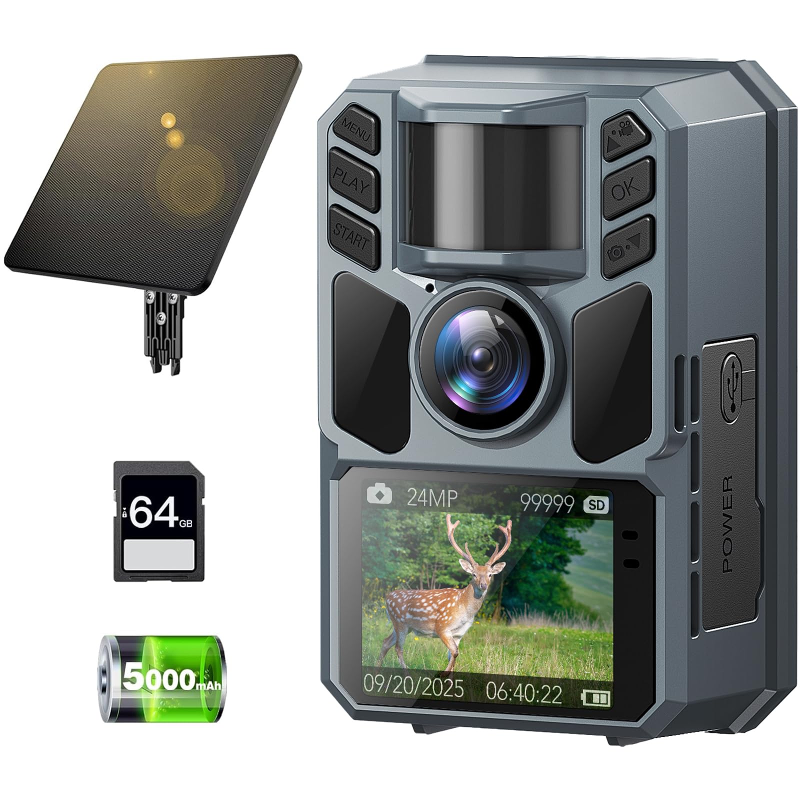 FKPCAM trail camera front view showing 4K 64MP clarity for wildlife moments