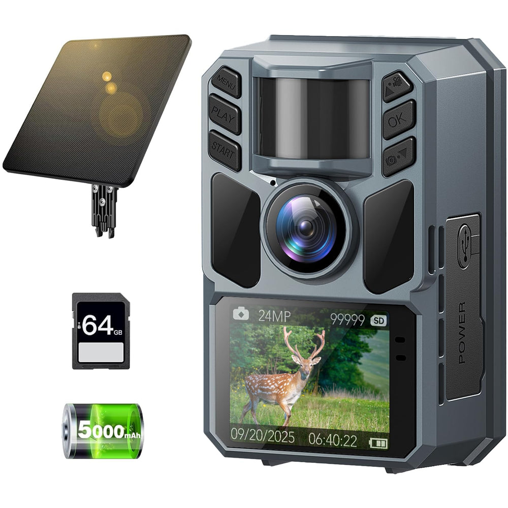 FKPCAM trail camera front view showing 4K 64MP clarity for wildlife moments
