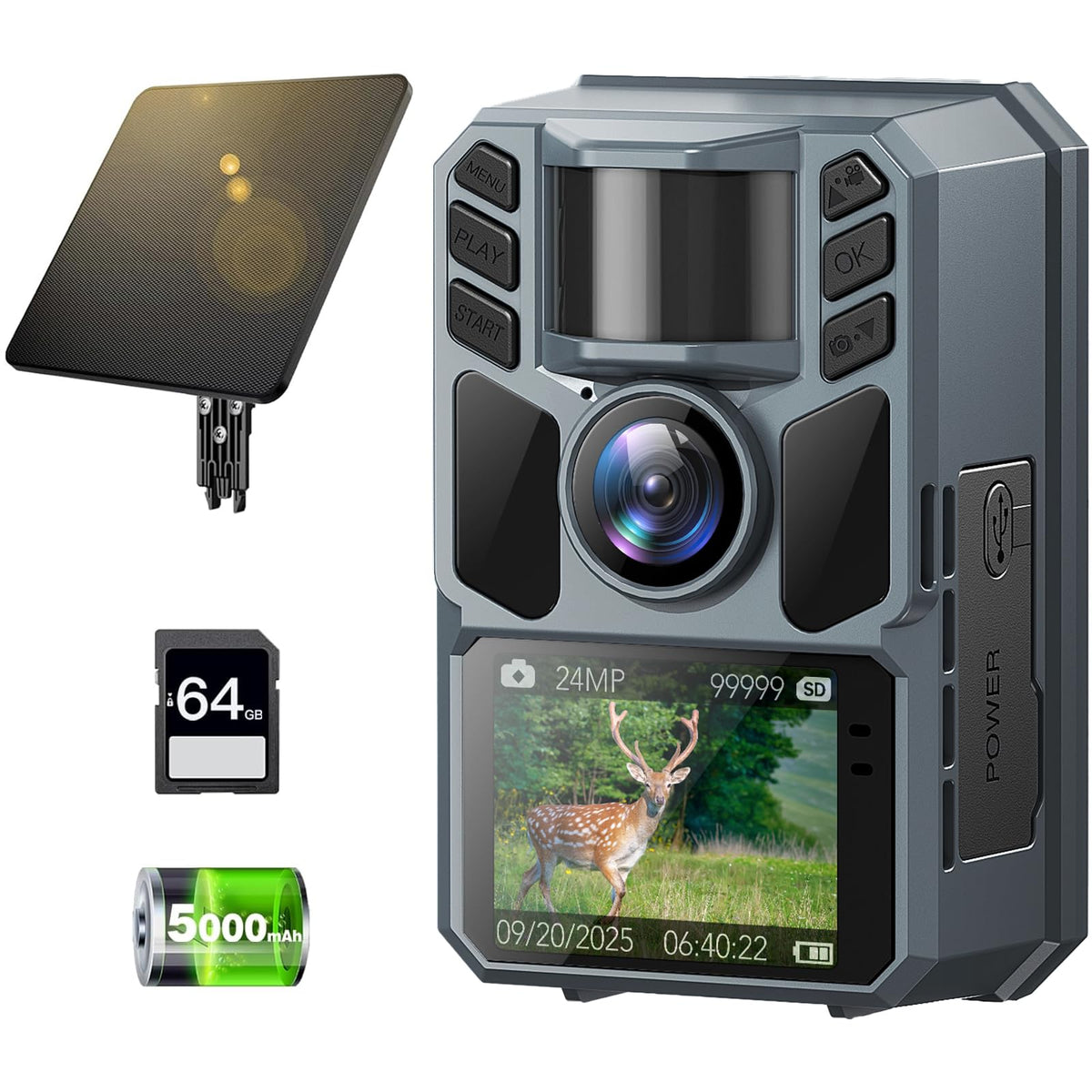 FKPCAM trail camera front view showing 4K 64MP clarity for wildlife moments