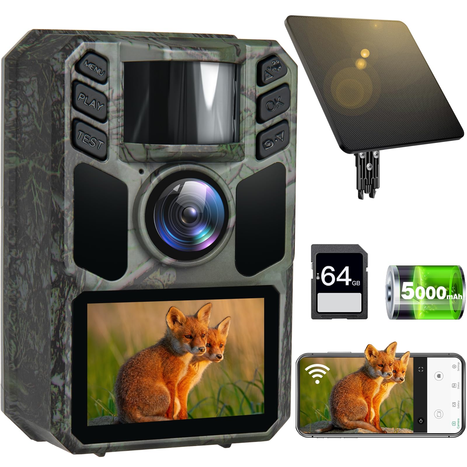 FKPCAM Trail Camera front view shows 4K 64MP capture quality for wildlife moments.