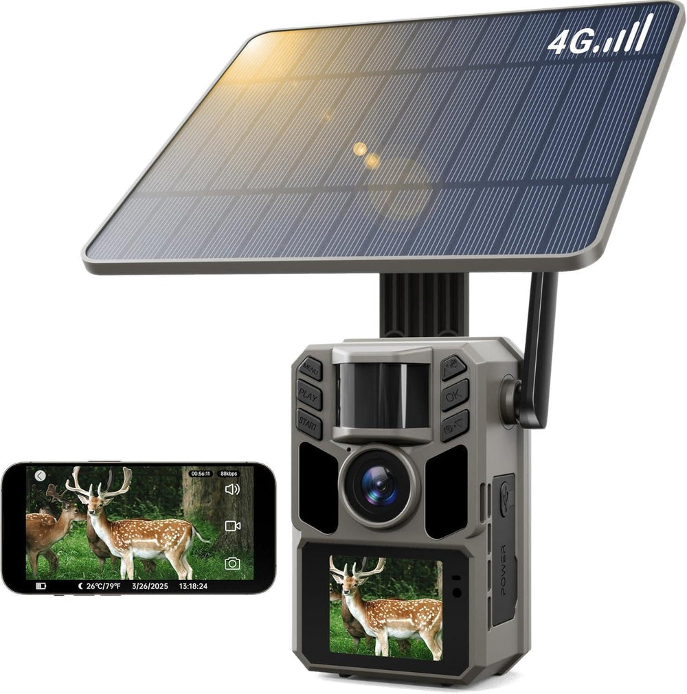 FKPCAM trail camera with solar panel powering outdoor scouting day and night.