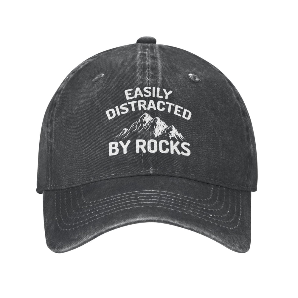 FLALORI Easily Distracted By Rocks Hat front view in black, soft and breathable everyday cap.