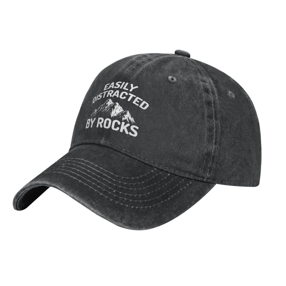 FLALORI Easily Distracted By Rocks Hat side view in black, versatile for daily outfits.