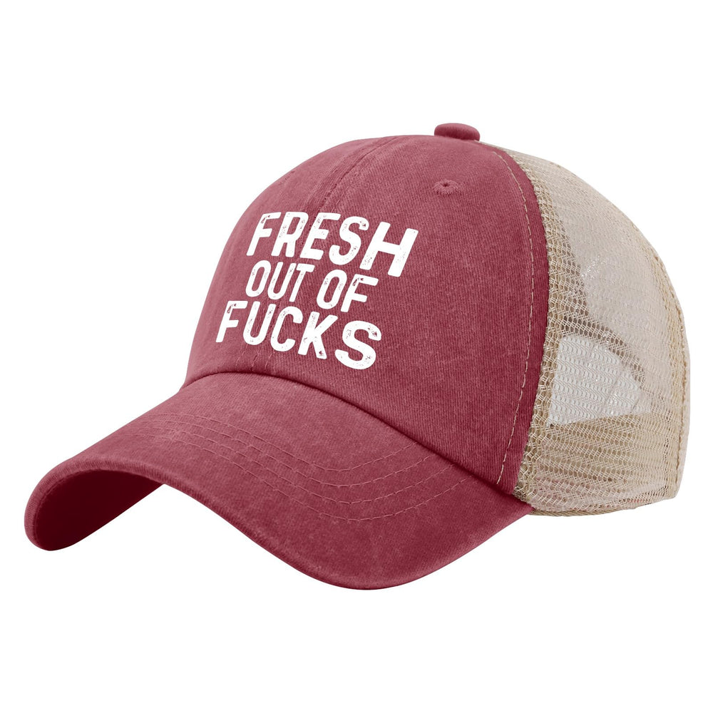 FLALORI Fresh Out of Fucks hat red side view enhances casual streetwear appeal