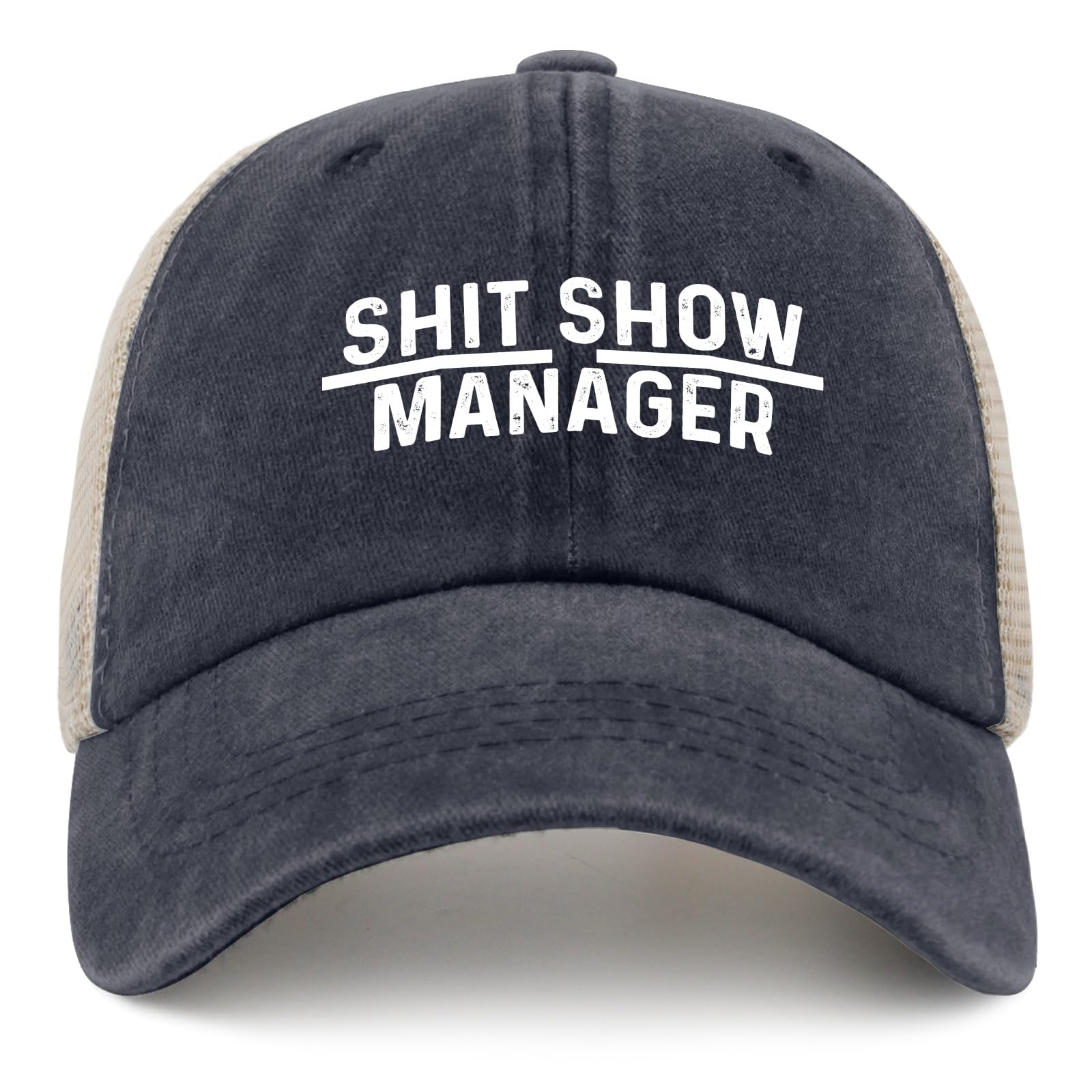 FLALORI Shit Show Manager Hat front view; denim and mesh for summer.