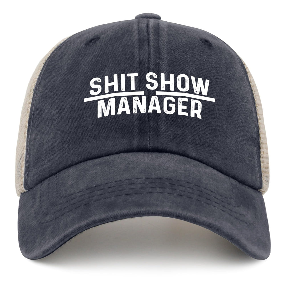 FLALORI Shit Show Manager Hat front view; denim and mesh for summer.