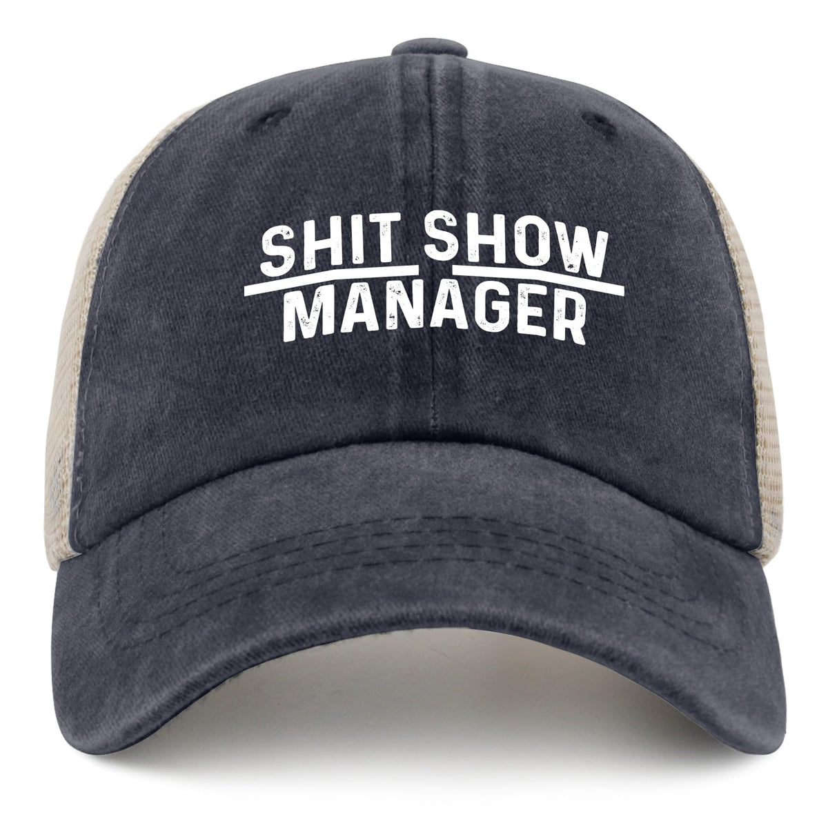 FLALORI Shit Show Manager Hat front view; denim and mesh for summer.