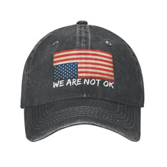 FLALORI we-are-not-ok hat front graphic showcases bold design for conversation-starts.