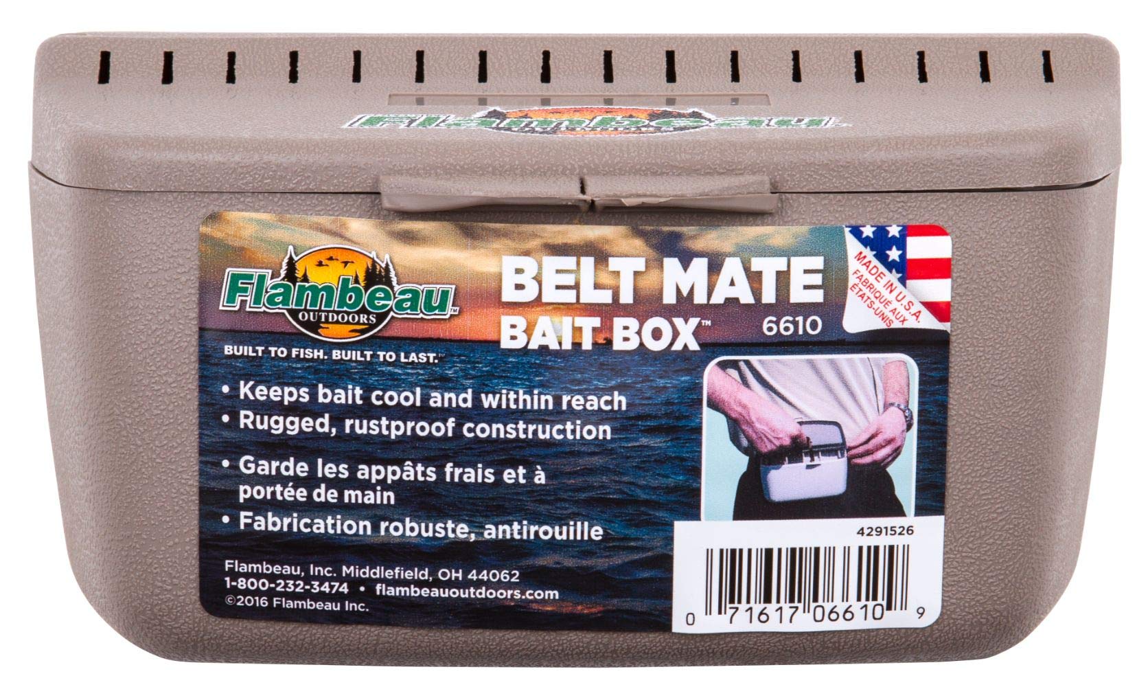 Flambeau 6610 Belt Mate Bait Holder attached to a belt in tan