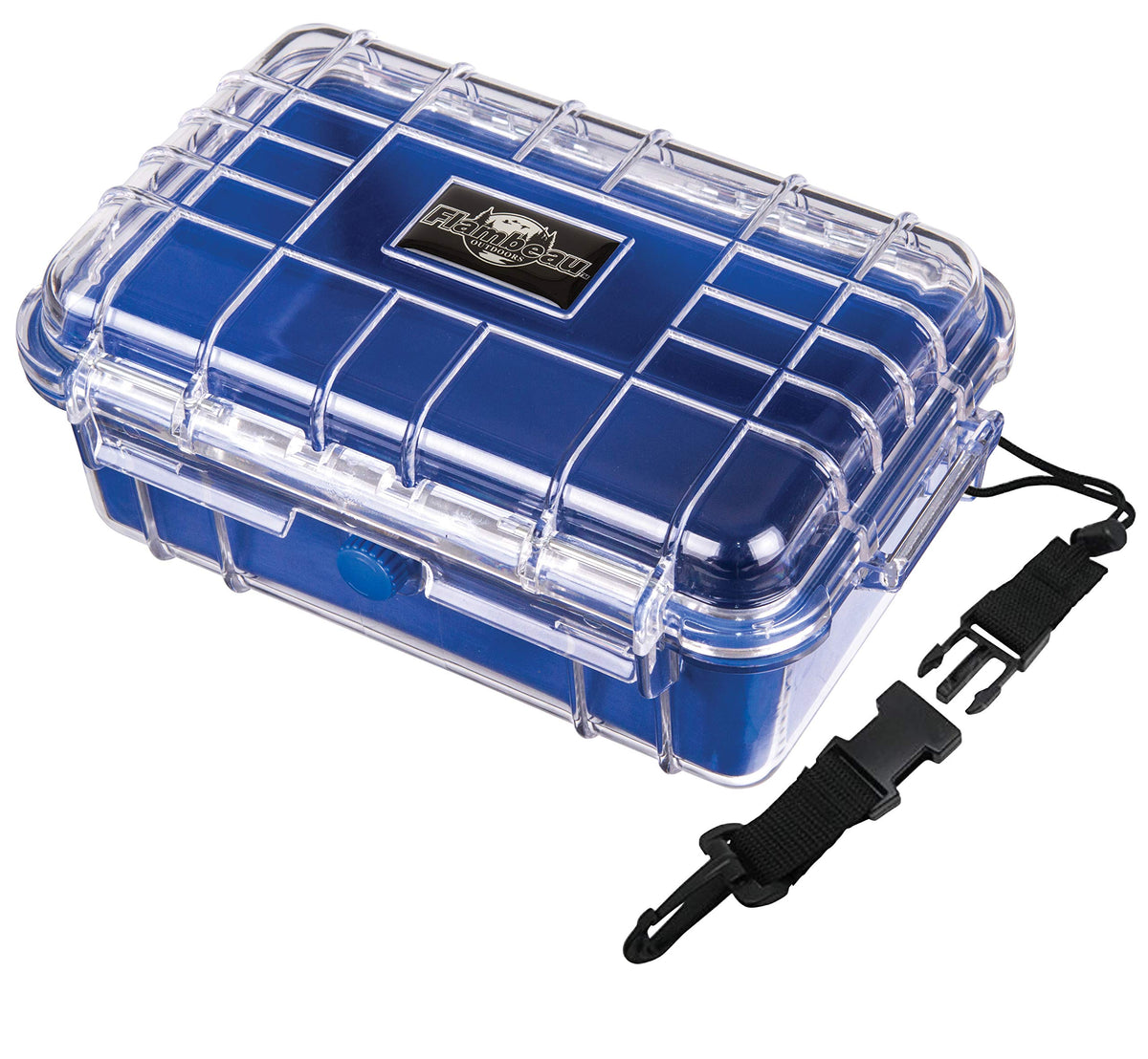 Flambeau Outdoors 502HD Tuff Box exterior in blue and clear lid showing rugged waterproof design.