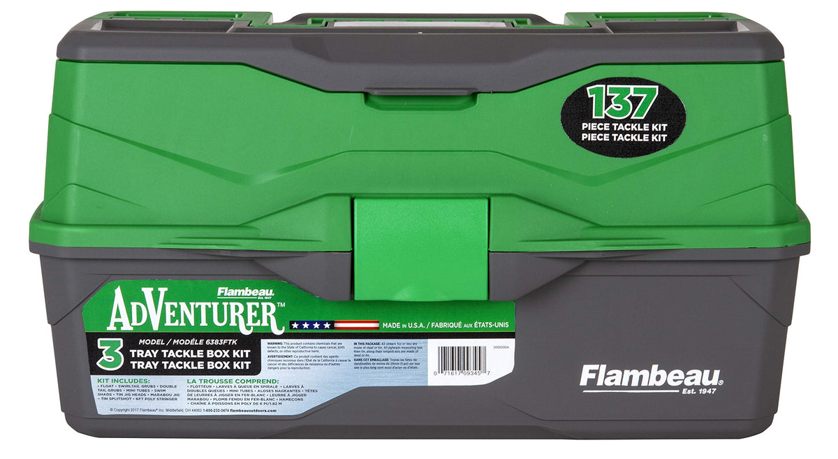 Flambeau Adventurer 3-Tray tackle box with lid open showing organized storage for lures and hooks.