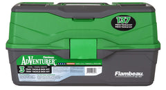 Flambeau Adventurer 3-Tray tackle box with lid open showing organized storage for lures and hooks.