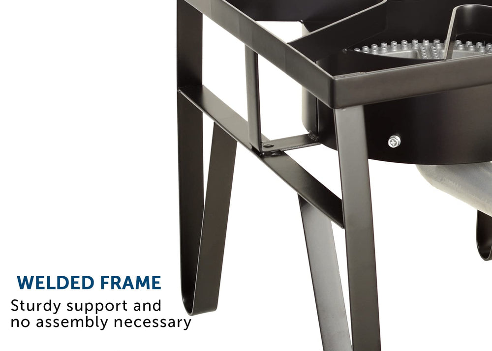 Flame King cast iron body highlights rugged durability outdoors.