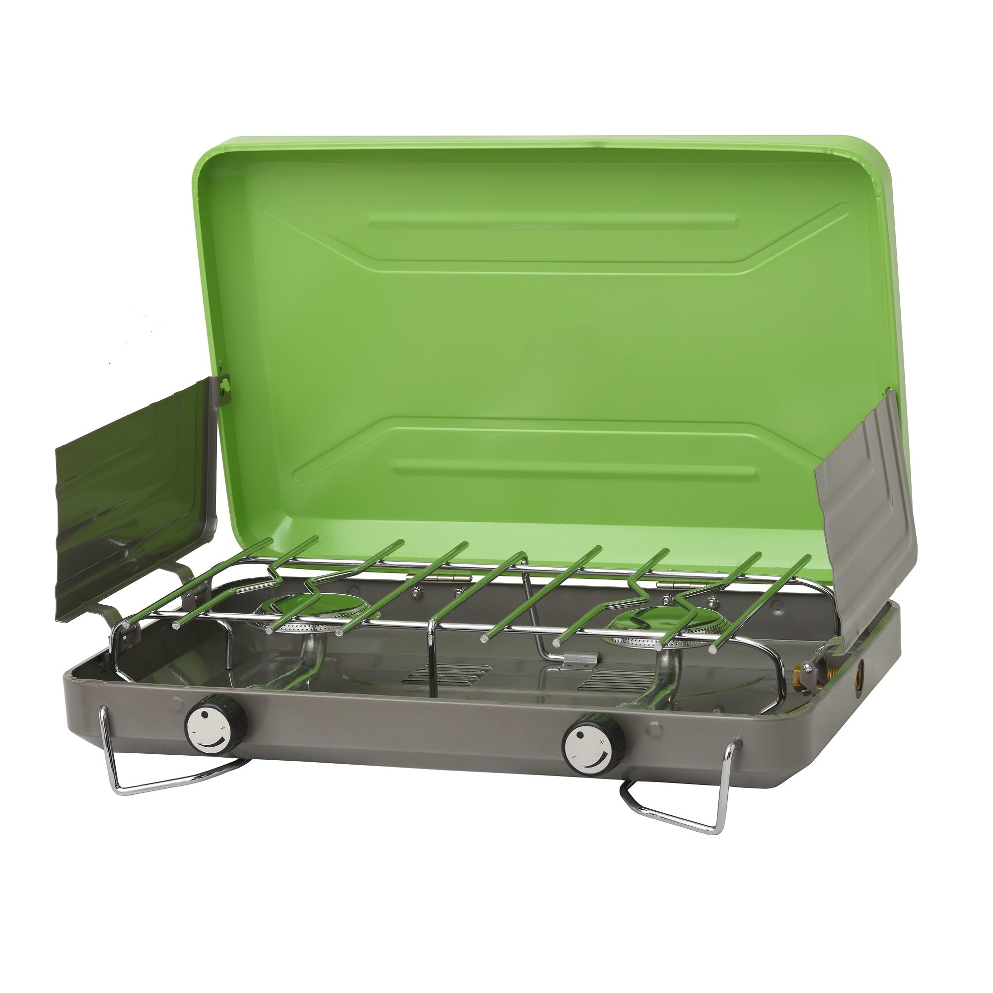 Flame King VT-101 two-burner stove outdoorside view for portable camping use