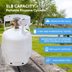 Flame King YSN5LB gauge side view showing portable 5-lb cylinder for camping.