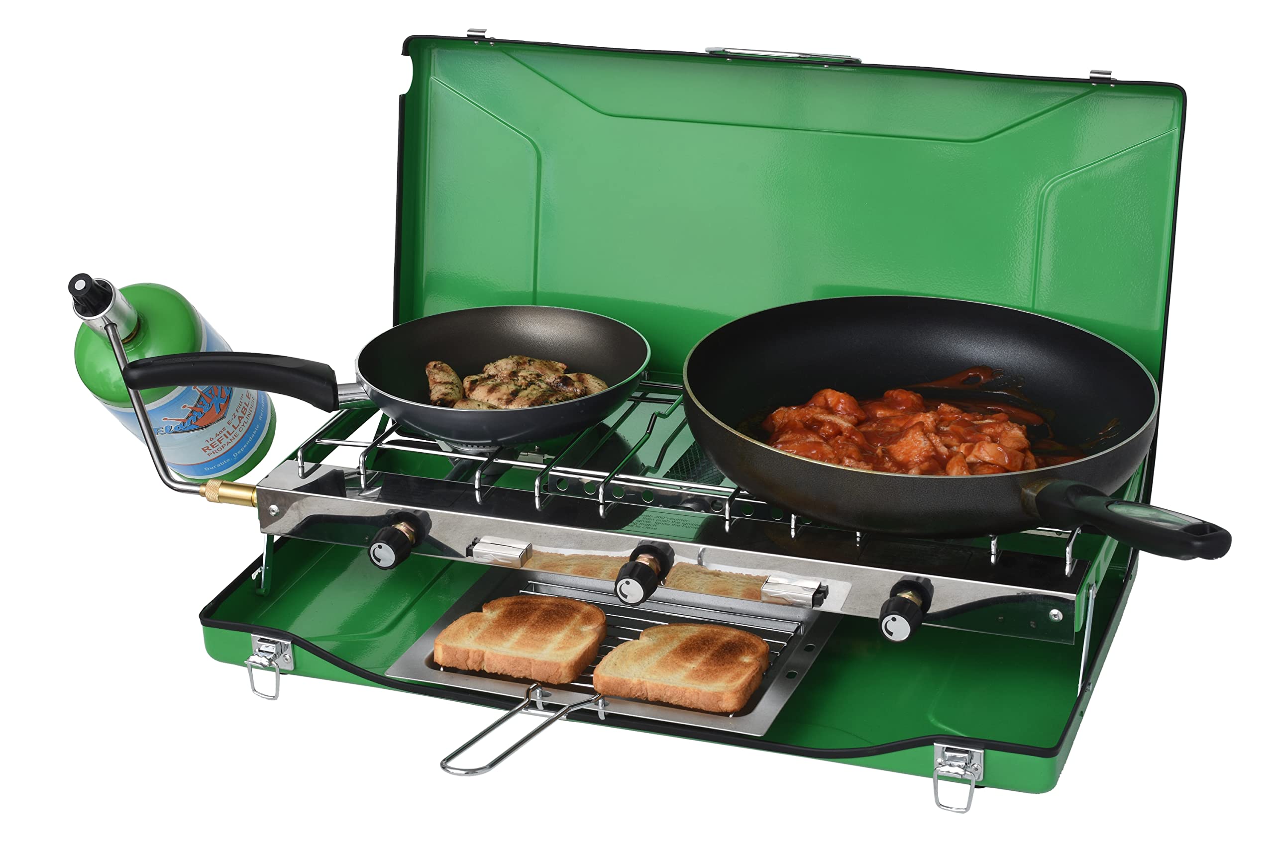 Flame King YSNBBQ-136M three-burner setup enables versatile meals.
