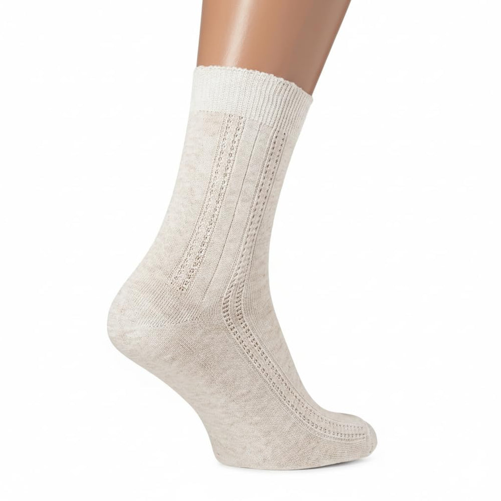 FlaxSox women's crew socks heel detail, reinforced toe for durability.