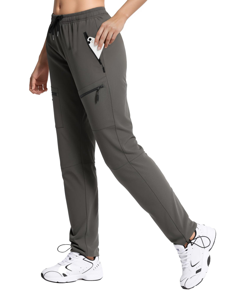 FLEFRM women's hiking pants front view in dark grey for all-day trail comfort.
