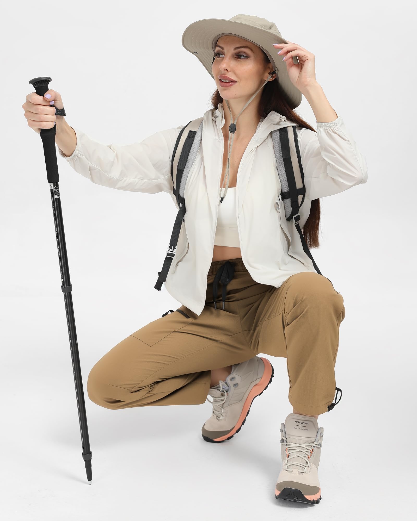 FLEFRM womens tall hiking pants khaki-fabric close-up shows versatile everyday wear.