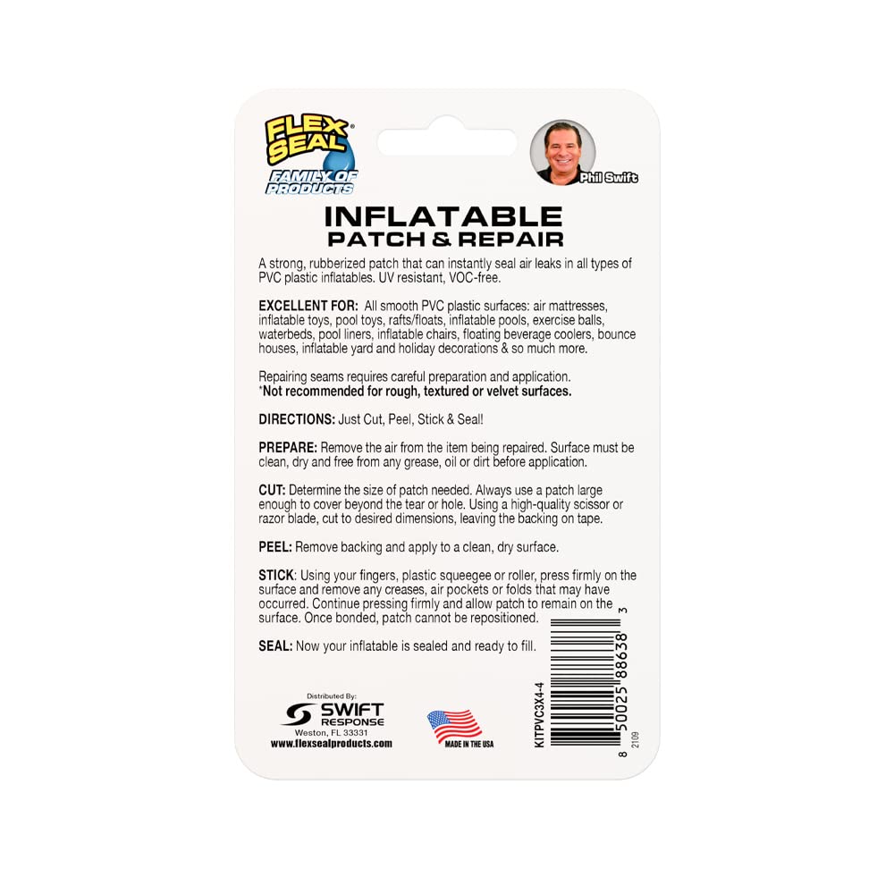 Flex Seal crystal clear patch applied to air mattress for quick leak control