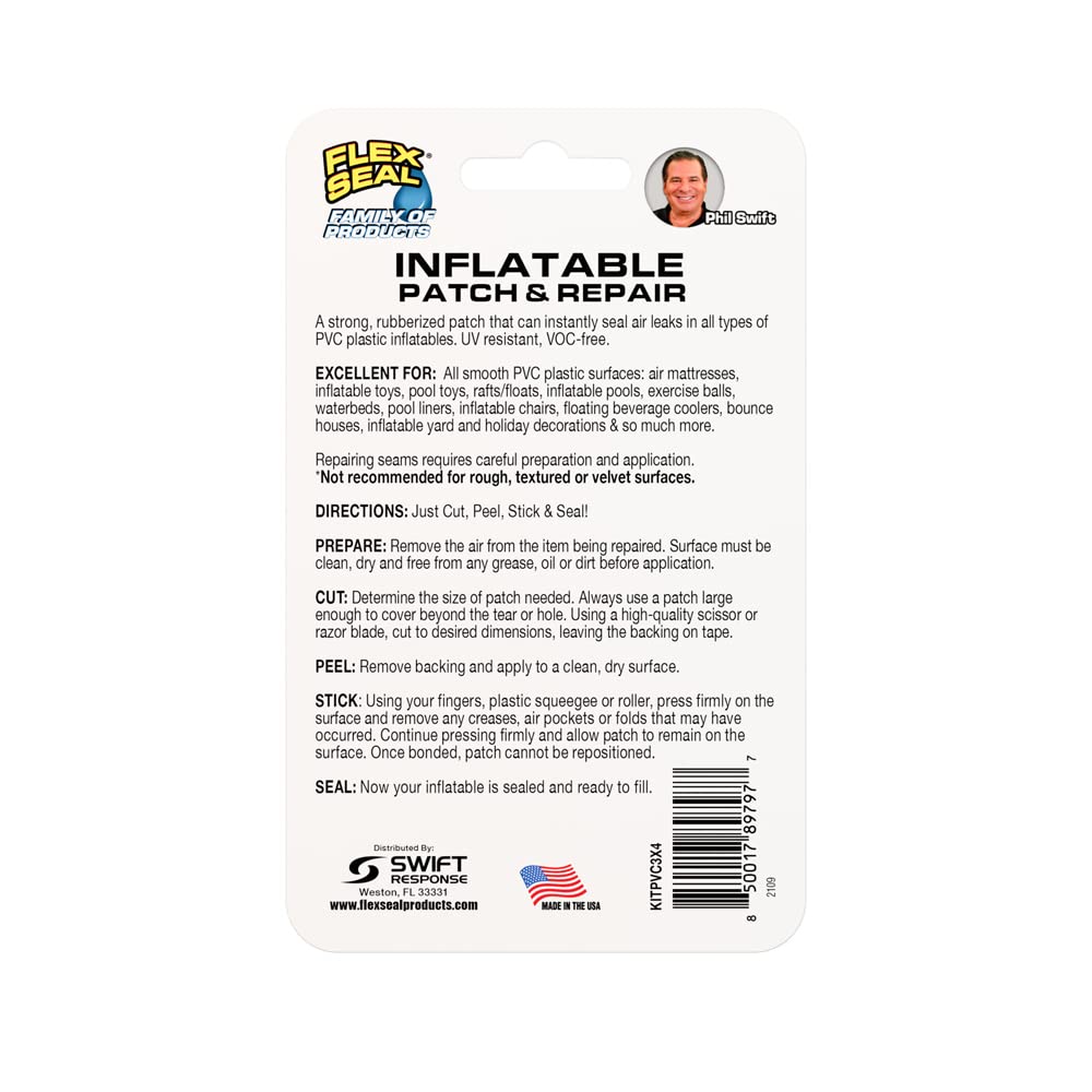 Flex Seal Patch clear patches on inflatable pool toy showing quick leak repair on PVC surface