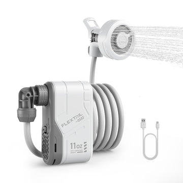 FLEXTAILGEAR MAX Shower compact-design image highlights ultra-light portability for camping.